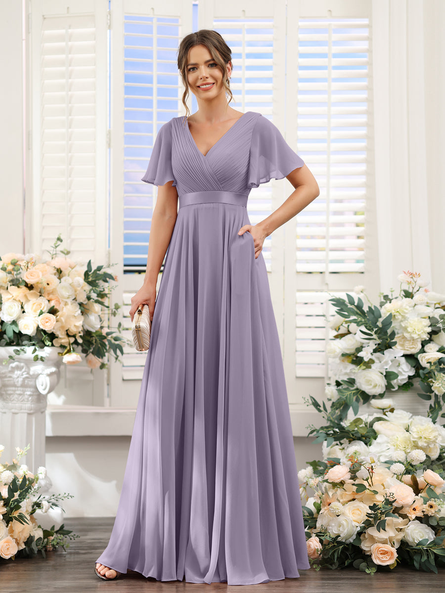 Vestidos de Dama de Honra Em Chiffon com Mangas Curtas e Decote Em V com Bolsos