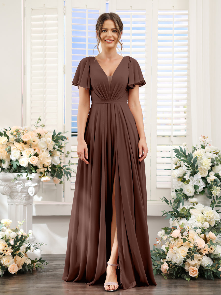 Vestidos de Dama de Honra Em Chiffon com Decote Em V Profundo e Mangas Curtas Divididas