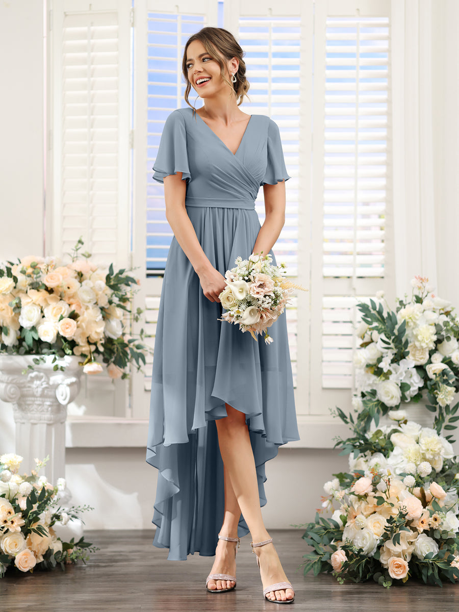 Vestidos de Dama de Honra Em Chiffon Assimétricos com Decote Em V e Mangas Curtas Franzidas