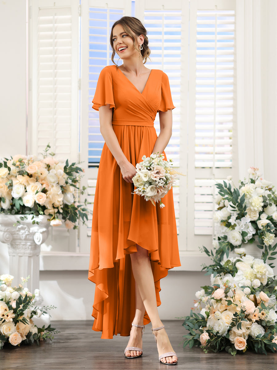 Vestidos de Dama de Honra Em Chiffon Assimétricos com Decote Em V e Mangas Curtas Franzidas
