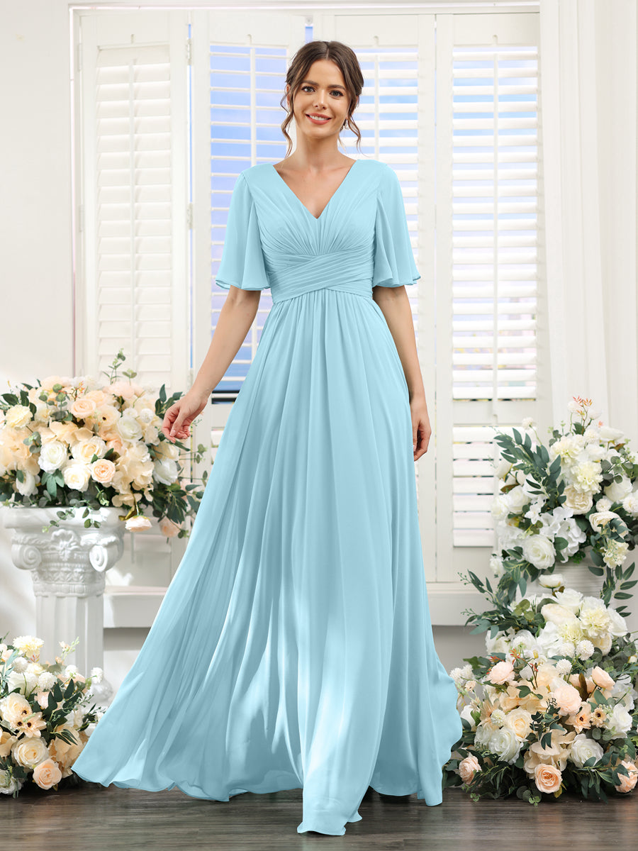 Vestidos de Dama de Honra Linha A com Decote Em V Meia Manga Divisão Lateral Chiffon com Bolsos