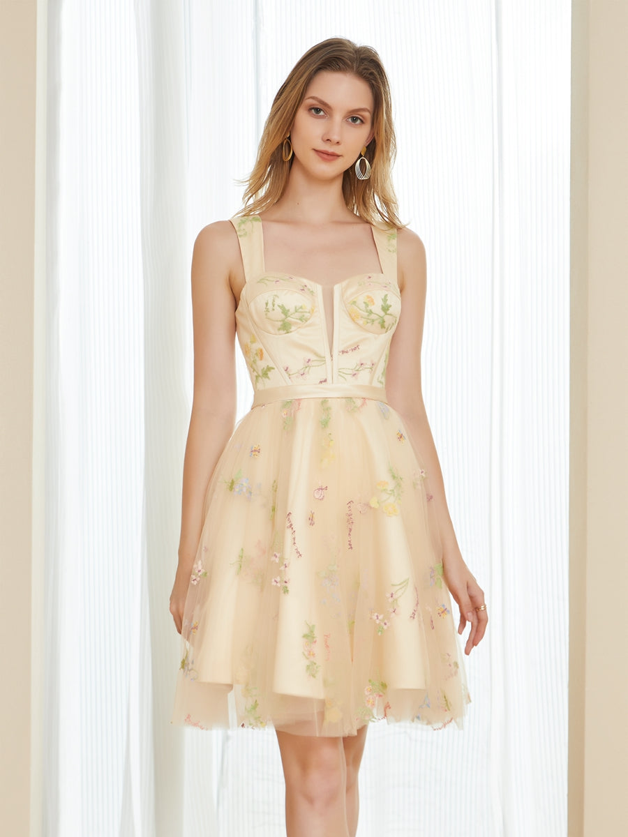 Vestidos Curtos de Baile com Bordado de Tule Retrô Linha A com Alças