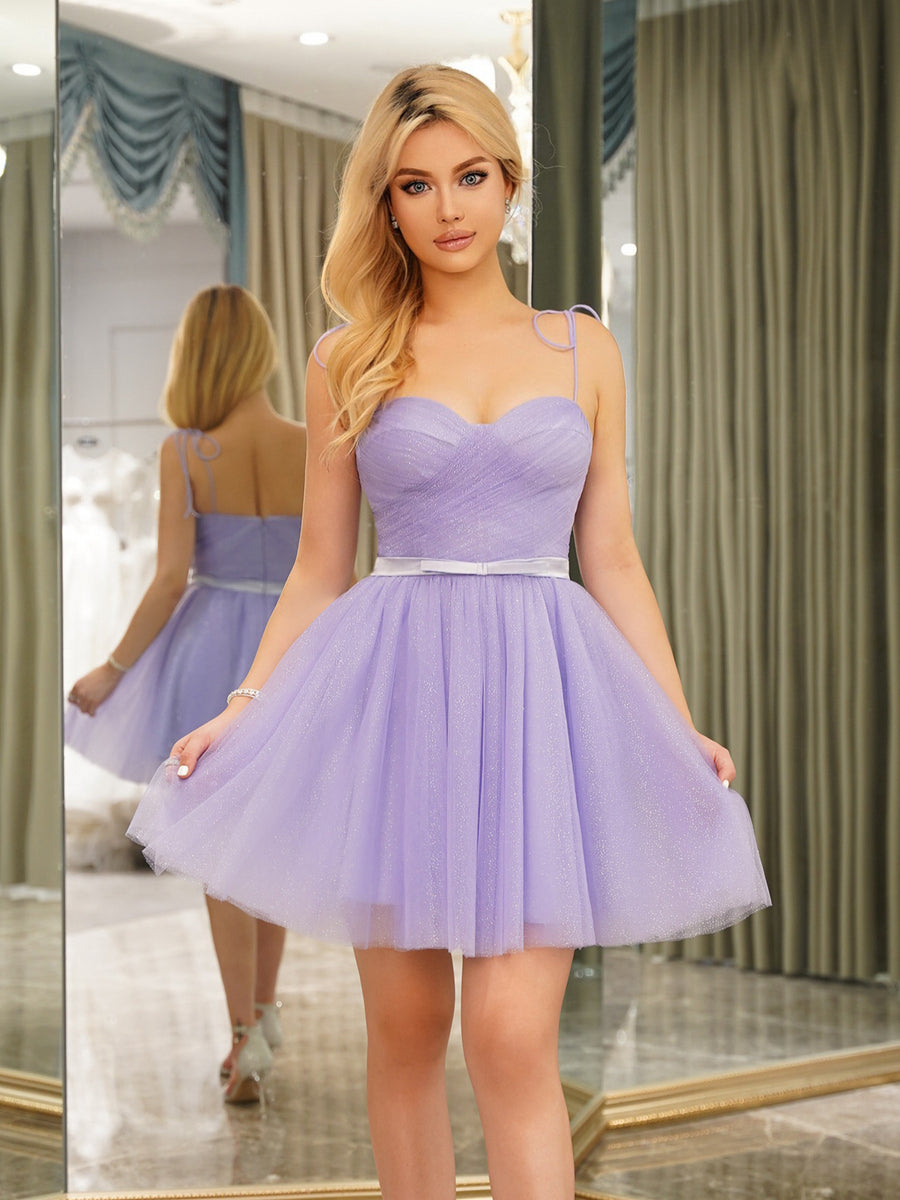 A-Line Alças Finas Vestidos Curtos Sem Mangas com Cinto