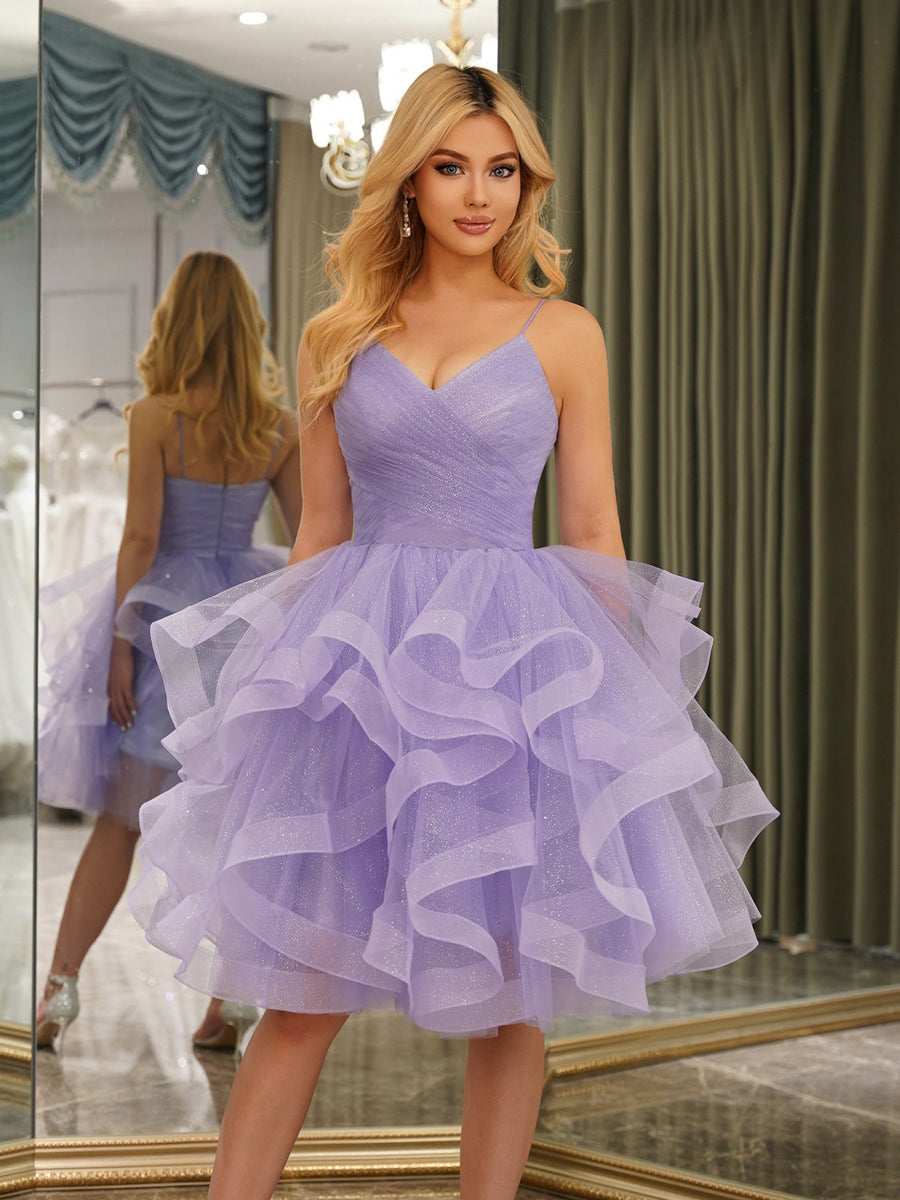 Vestido de Baile Sem Mangas com Alças Finas e Comprimento No Joelho com Babados