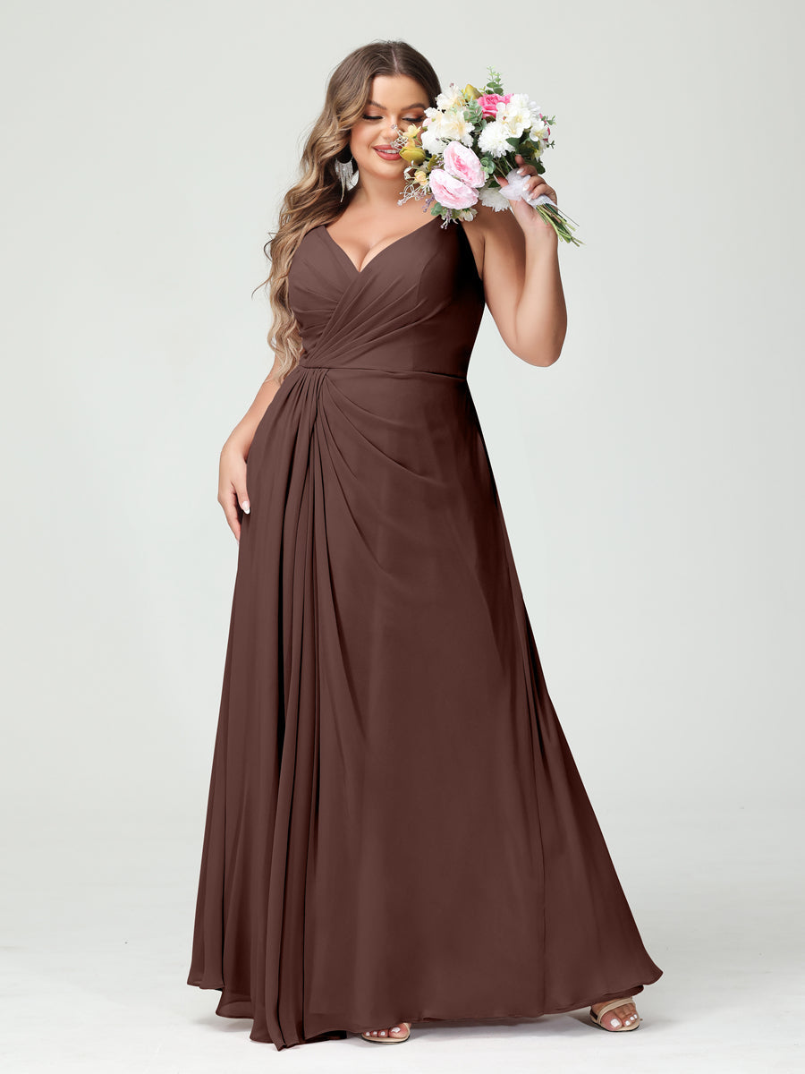Vestidos Princesa/ Formato A com Alças Finas Sem Mangas Em Chiffon com Divisão Lateral Plus Size Vestidos de Dama de Honra com Bolsos