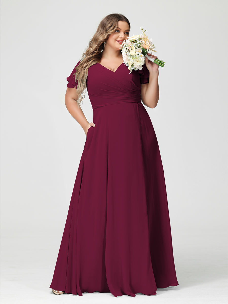 Princesa/Formato A Decote Em V Manga Curta Chiffon Dividir Lateral Plus Size Vestidos de Dama de Honra com Bolsos