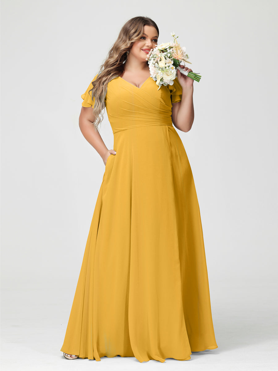 Princesa/Formato A Decote Em V Manga Curta Chiffon Dividir Lateral Plus Size Vestidos de Dama de Honra com Bolsos