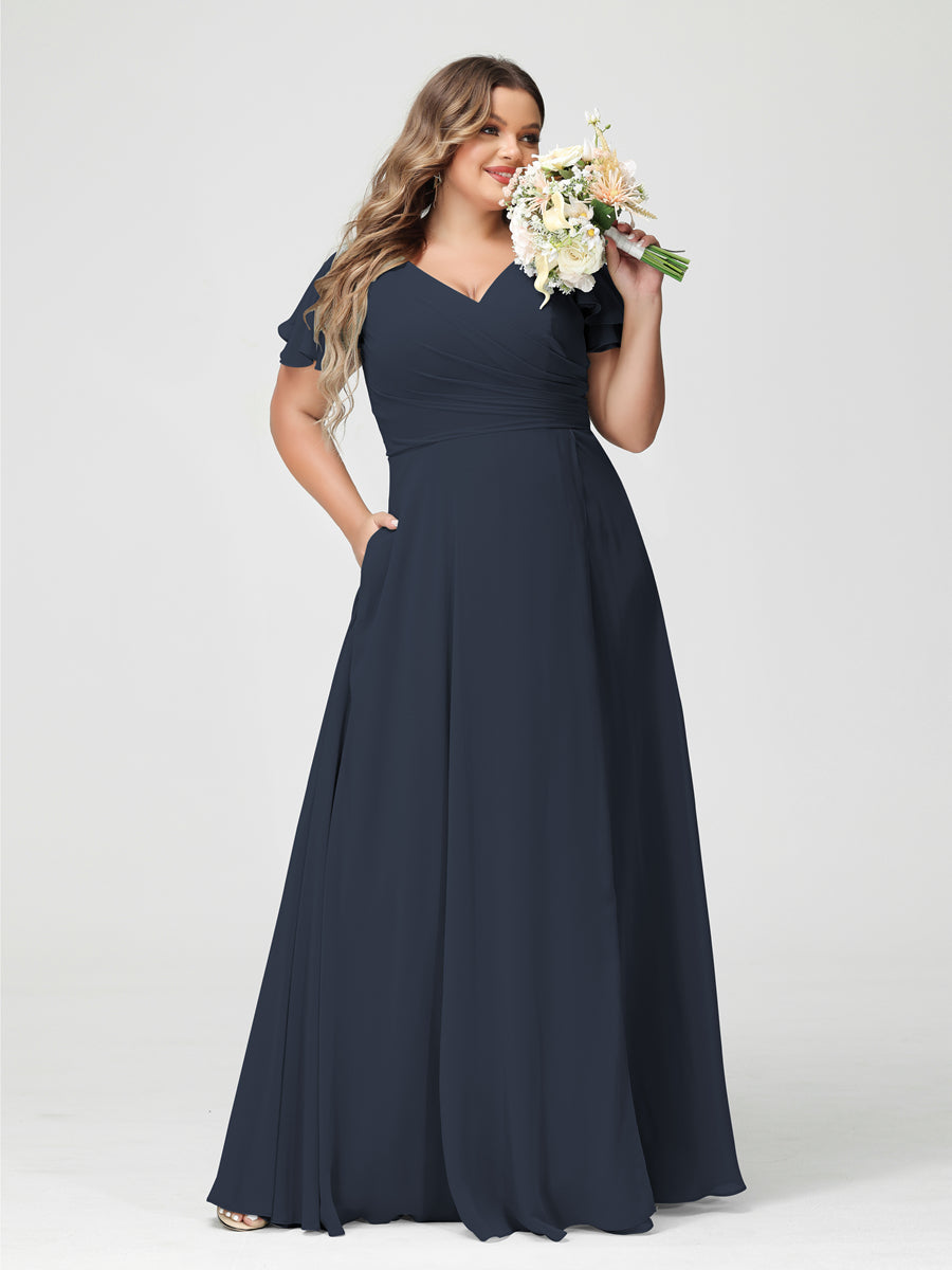Princesa/Formato A Decote Em V Manga Curta Chiffon Dividir Lateral Plus Size Vestidos de Dama de Honra com Bolsos