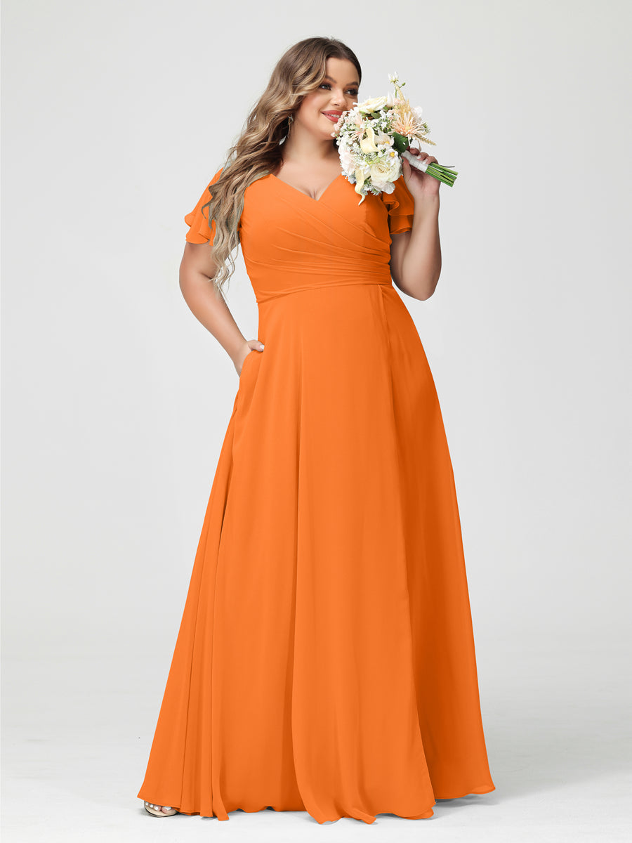 Princesa/Formato A Decote Em V Manga Curta Chiffon Dividir Lateral Plus Size Vestidos de Dama de Honra com Bolsos