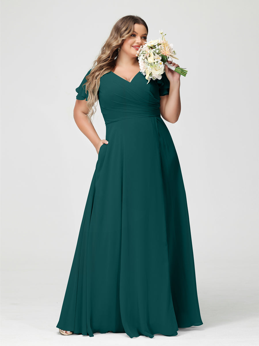Princesa/Formato A Decote Em V Manga Curta Chiffon Dividir Lateral Plus Size Vestidos de Dama de Honra com Bolsos