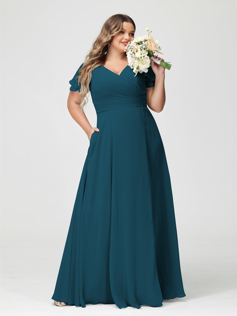 Princesa/Formato A Decote Em V Manga Curta Chiffon Dividir Lateral Plus Size Vestidos de Dama de Honra com Bolsos