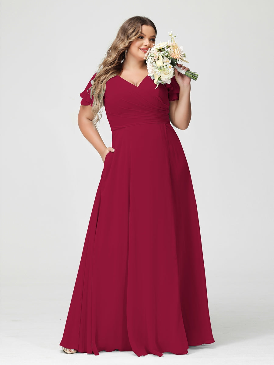 Princesa/Formato A Decote Em V Manga Curta Chiffon Dividir Lateral Plus Size Vestidos de Dama de Honra com Bolsos