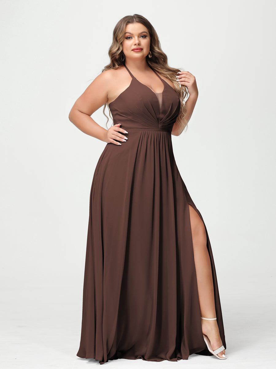 A-Line/Princesa Halter Sem Mangas Chiffon Ruched Split Side Plus Size Vestidos de Dama de Honra com Bolsos