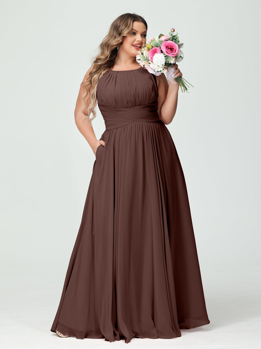 Vestidos Princesa/ Formato A Sem Mangas Chiffon Franzido Plus Size Vestidos de Dama de Honra com Bolsos