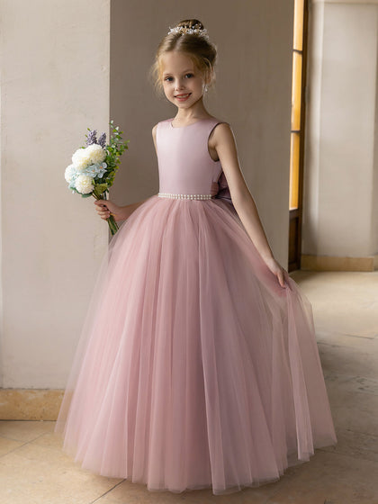 Vestido de Baile de Tule/Vestidos Princesa Flor para Menina com Pérolas e Laço de Cetim