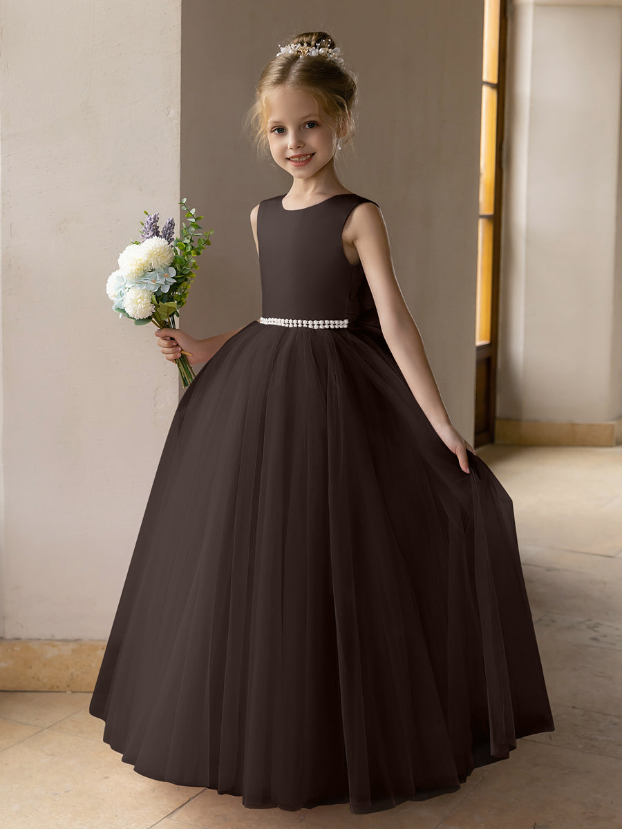 Vestido de Baile de Tule/Vestidos Princesa Flor para Menina com Pérolas e Laço de Cetim