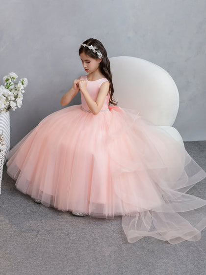 Vestido de Baile de Tule/Princesa Babados Vestidos Floristas com Pérolas e Laço