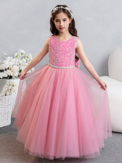 Vestido de Baile de Tule/Princesa Lantejoulas Vestidos Floristas com Pérolas e Laço