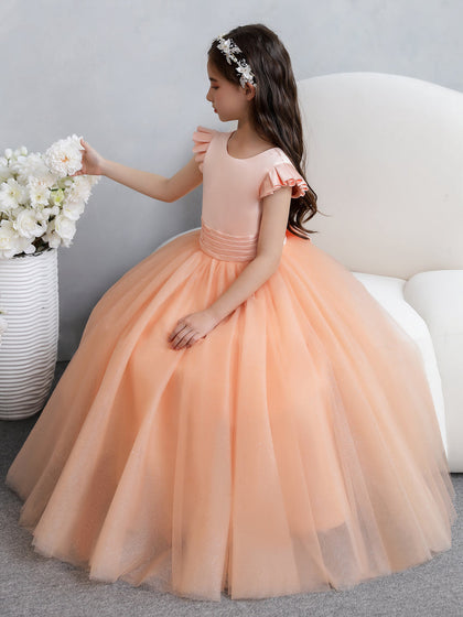 Tule Vestido de Baile/Princesa Manga Curta Vestidos para Meninas Das Flores com Laço