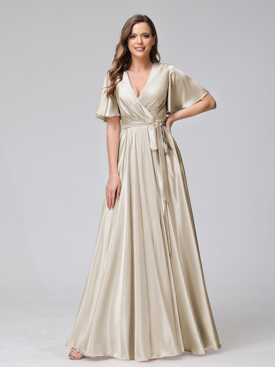 Vestidos de Dama de Honra com Decote Em V Meia Manga Longo de Cetim de Seda com Babados Laterais Divididas