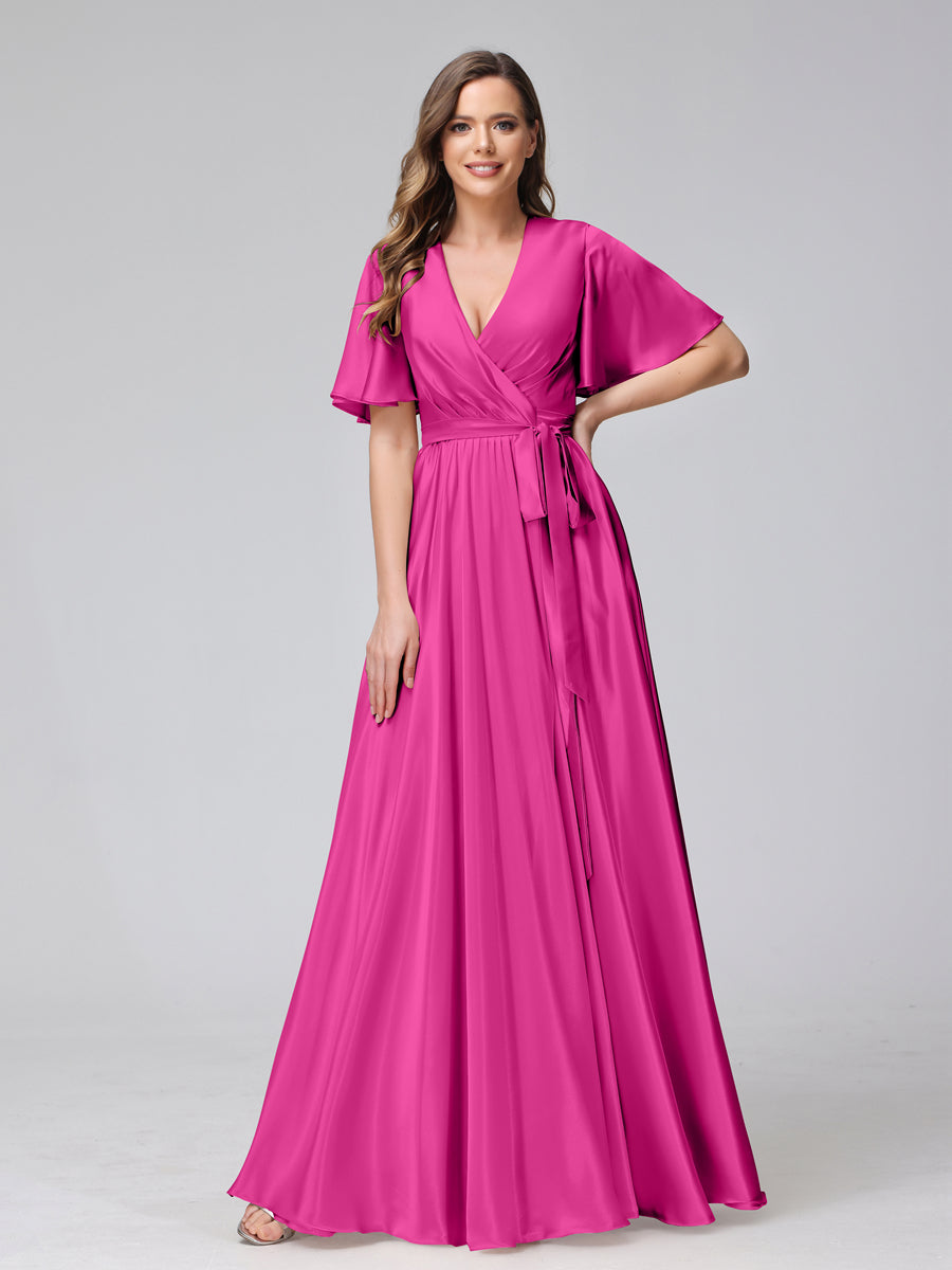 Vestidos de Dama de Honra com Decote Em V Meia Manga Longo de Cetim de Seda com Babados Laterais Divididas