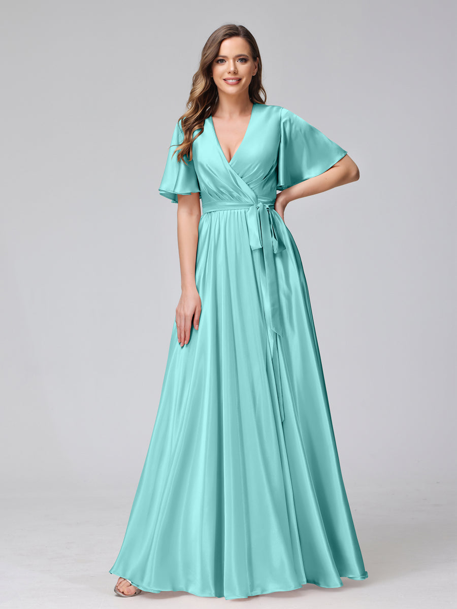Vestidos de Dama de Honra com Decote Em V Meia Manga Longo de Cetim de Seda com Babados Laterais Divididas