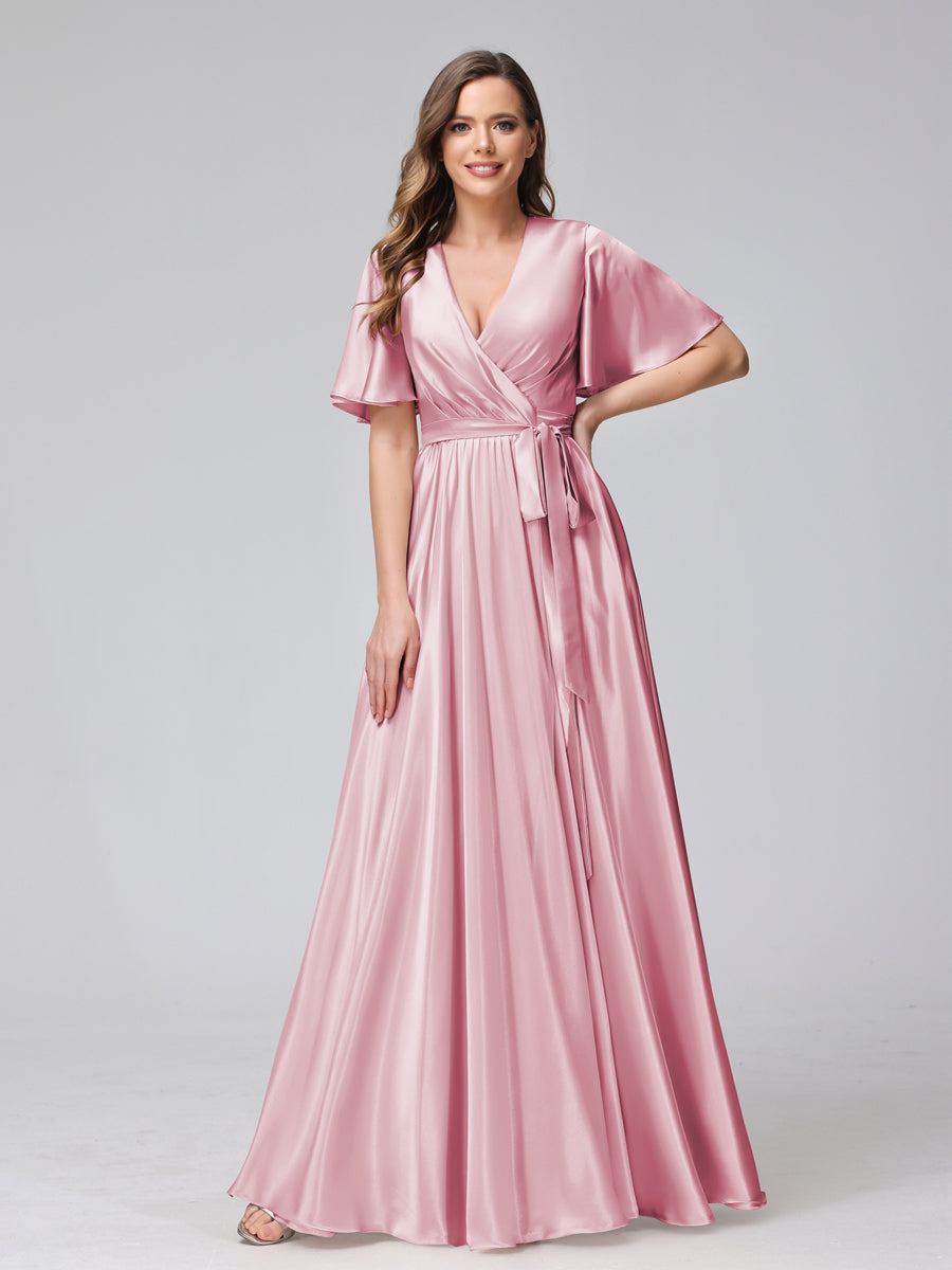 Vestidos de Dama de Honra com Decote Em V Meia Manga Longo de Cetim de Seda com Babados Laterais Divididas