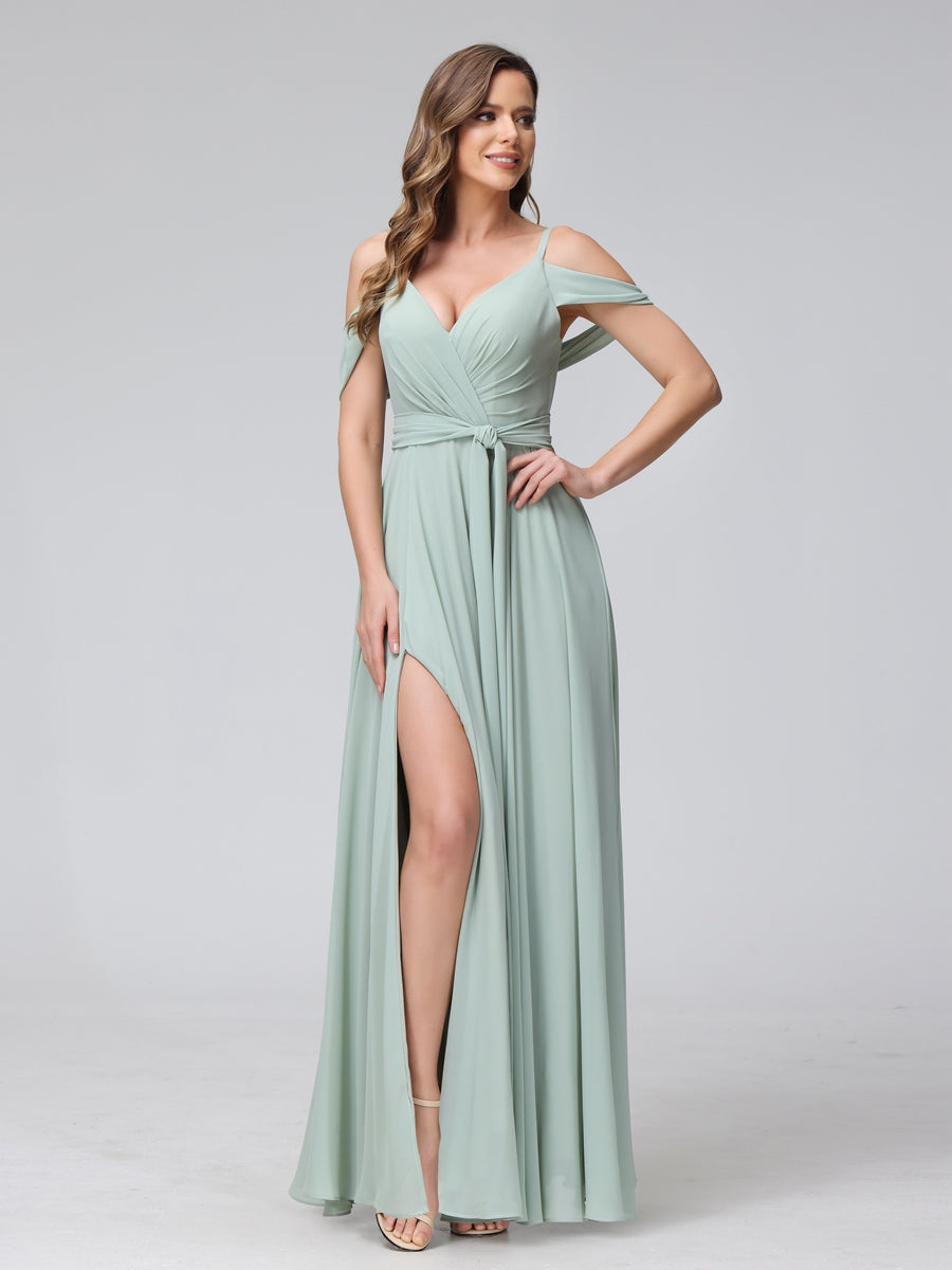 Vestidos de Dama de Honra Em Chiffon com Mangas Curtas e Decote Em V com Alças Finas e Laterais Divididas