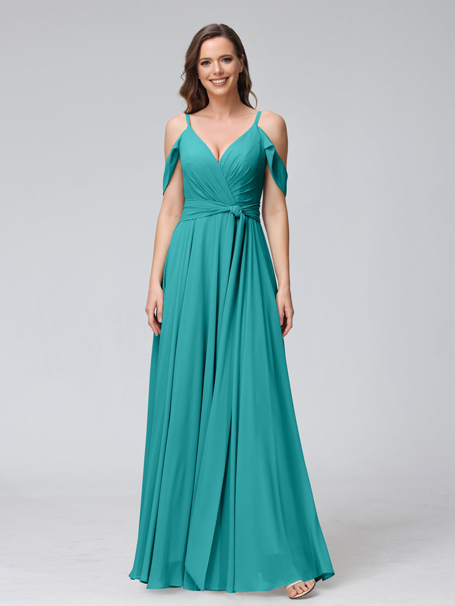 Vestidos de Dama de Honra Em Chiffon com Mangas Curtas e Decote Em V com Alças Finas e Laterais Divididas