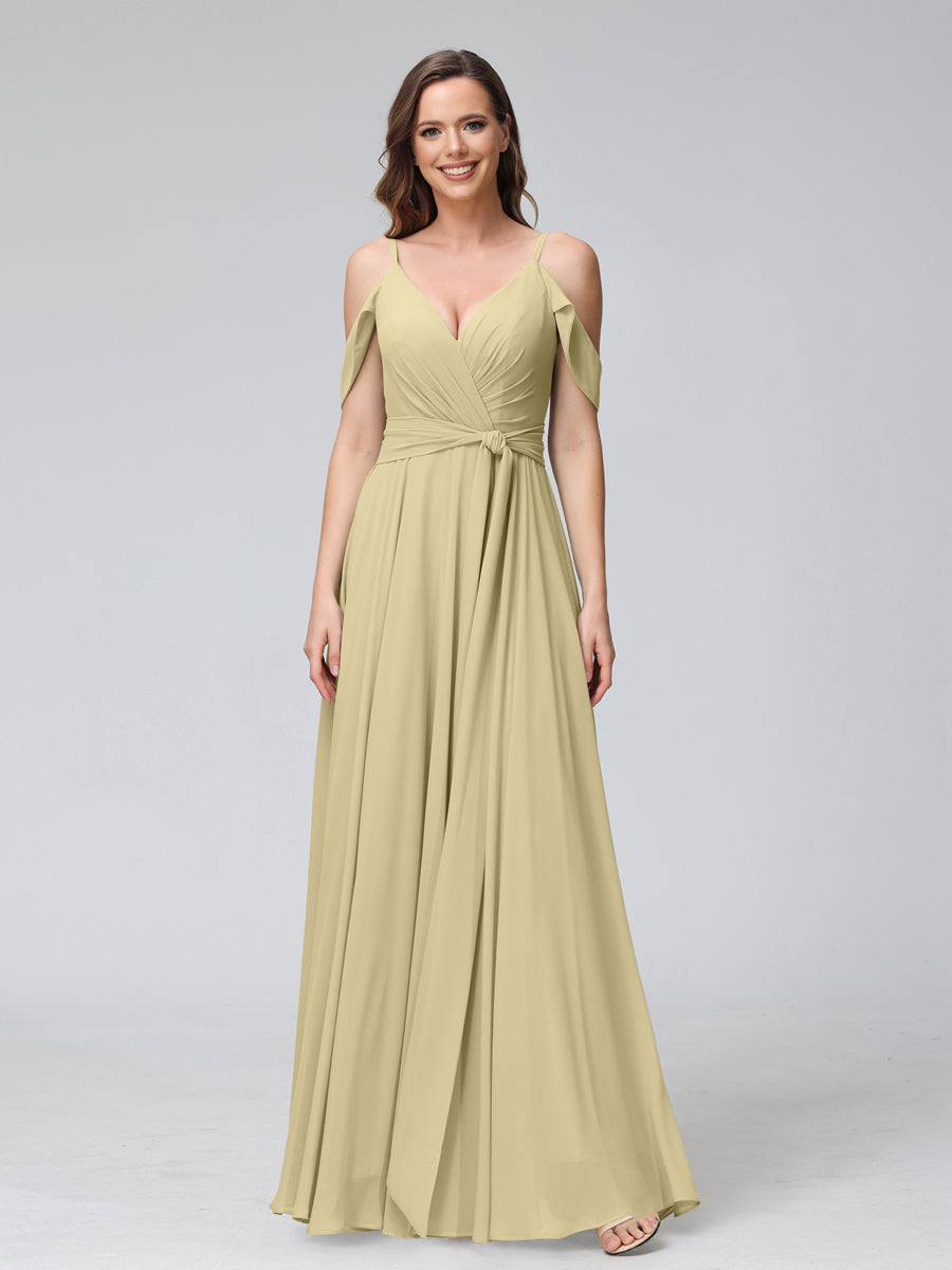 Vestidos de Dama de Honra Em Chiffon com Mangas Curtas e Decote Em V com Alças Finas e Laterais Divididas