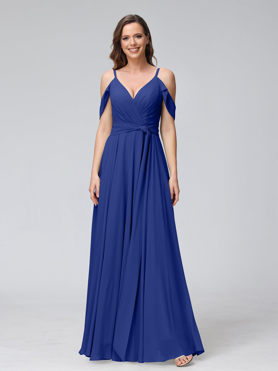 Vestidos de Dama de Honra Em Chiffon com Mangas Curtas e Decote Em V com Alças Finas e Laterais Divididas