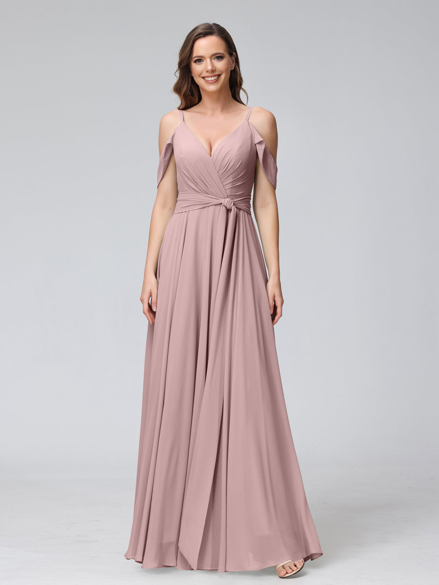 Vestidos de Dama de Honra Em Chiffon com Mangas Curtas e Decote Em V com Alças Finas e Laterais Divididas