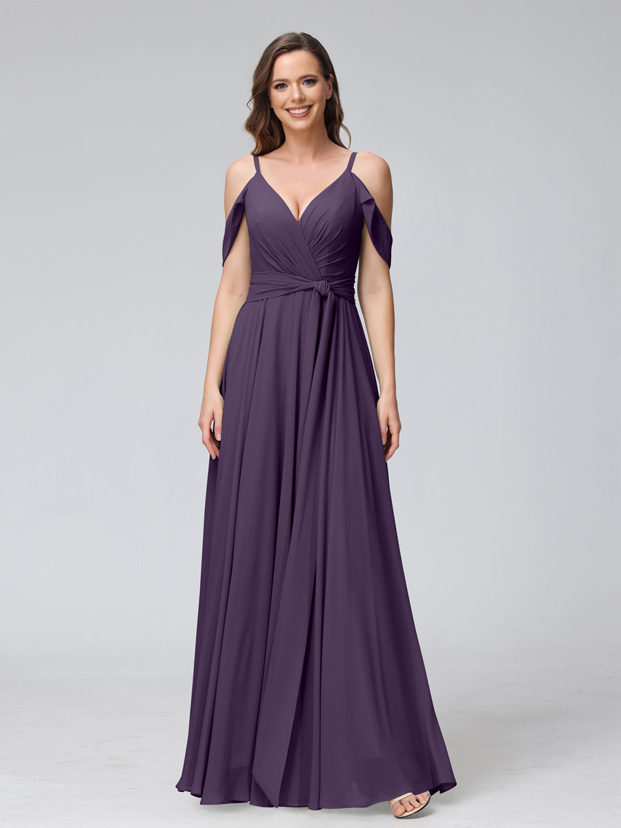 Vestidos de Dama de Honra Em Chiffon com Mangas Curtas e Decote Em V com Alças Finas e Laterais Divididas