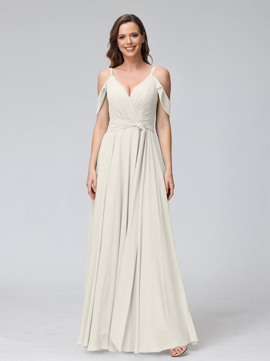 Vestidos de Dama de Honra Em Chiffon com Mangas Curtas e Decote Em V com Alças Finas e Laterais Divididas