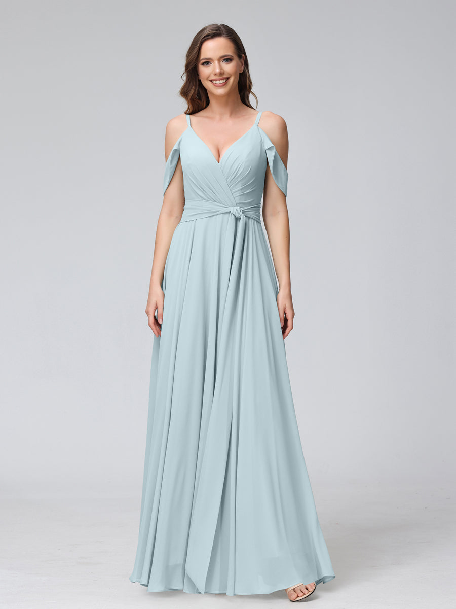 Vestidos de Dama de Honra Em Chiffon com Mangas Curtas e Decote Em V com Alças Finas e Laterais Divididas