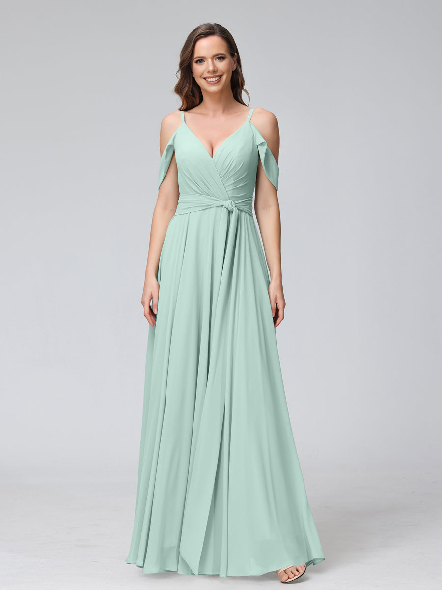 Vestidos de Dama de Honra Em Chiffon com Mangas Curtas e Decote Em V com Alças Finas e Laterais Divididas