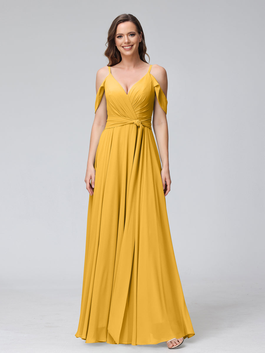 Vestidos de Dama de Honra Em Chiffon com Mangas Curtas e Decote Em V com Alças Finas e Laterais Divididas