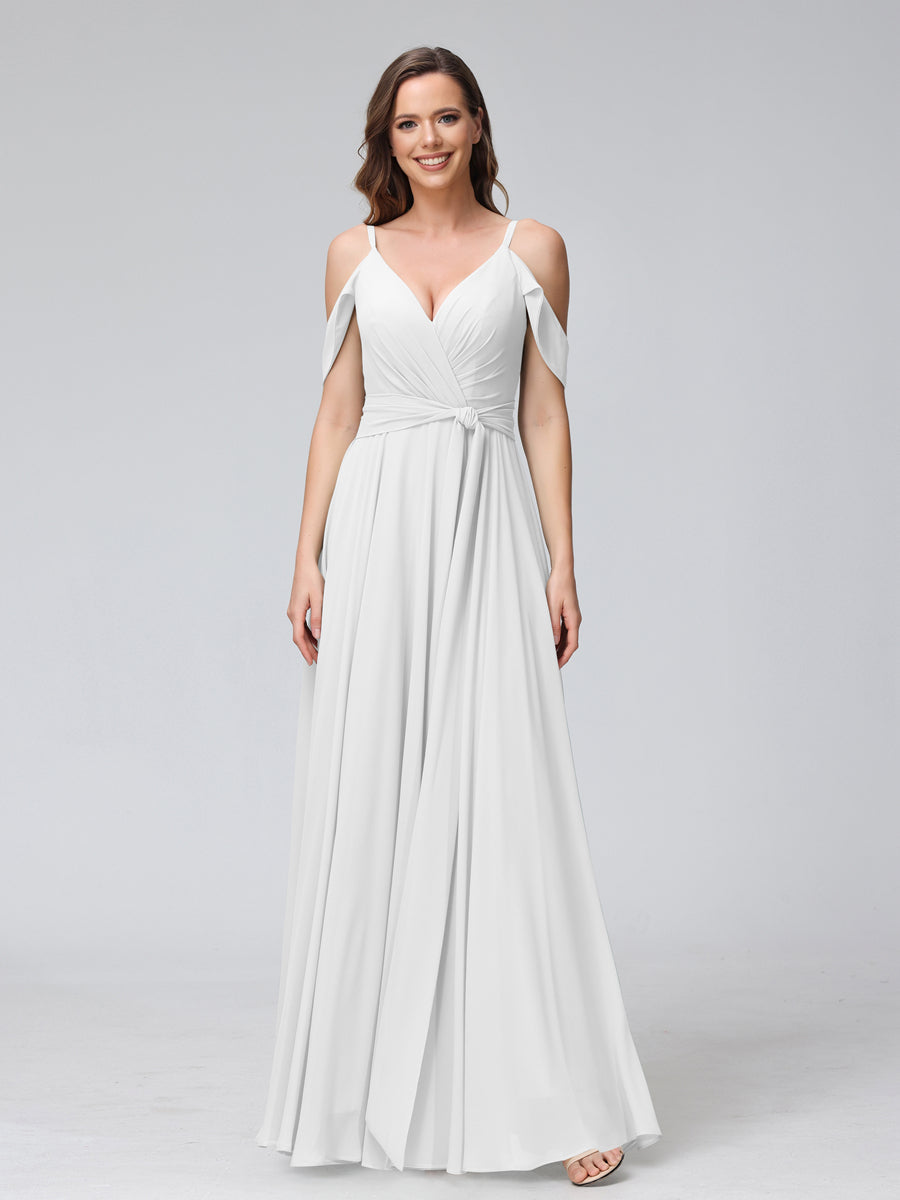 Vestidos de Dama de Honra Em Chiffon com Mangas Curtas e Decote Em V com Alças Finas e Laterais Divididas