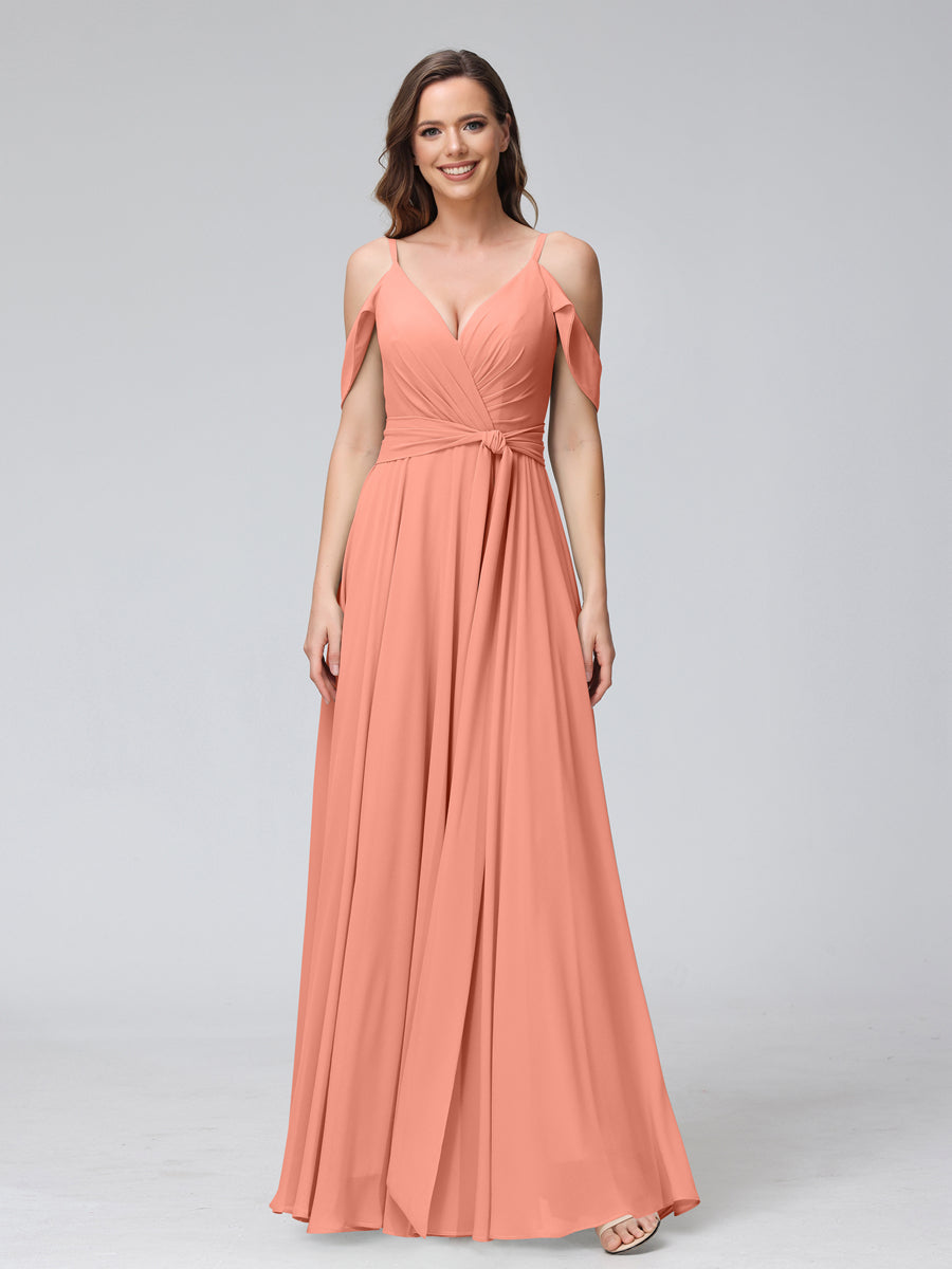 Vestidos de Dama de Honra Em Chiffon com Mangas Curtas e Decote Em V com Alças Finas e Laterais Divididas