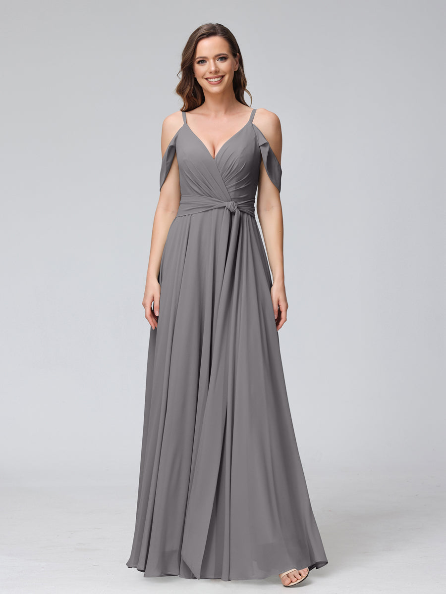 Vestidos de Dama de Honra Em Chiffon com Mangas Curtas e Decote Em V com Alças Finas e Laterais Divididas