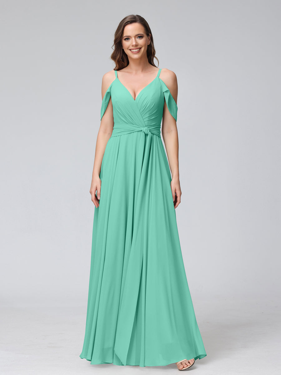 Vestidos de Dama de Honra Em Chiffon com Mangas Curtas e Decote Em V com Alças Finas e Laterais Divididas