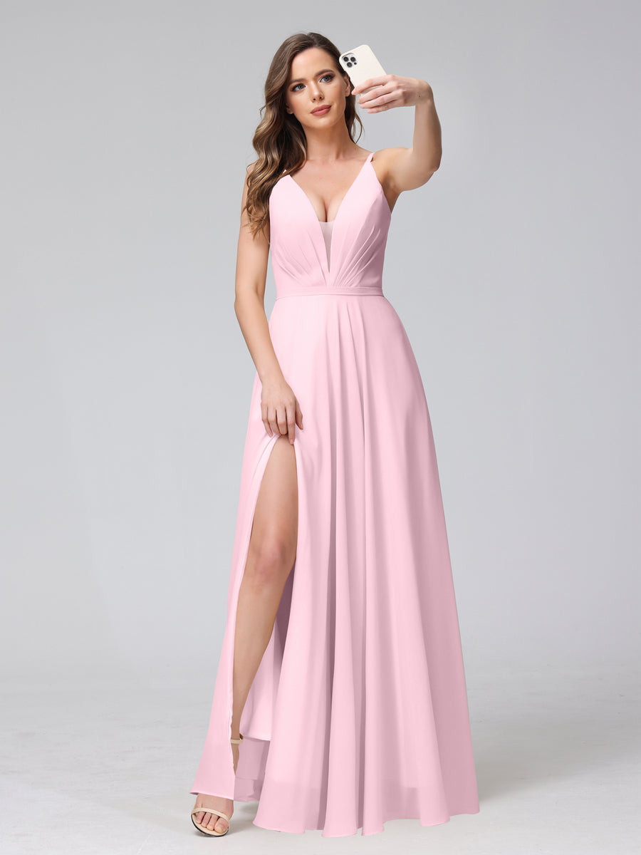 Vestidos de Dama de Honra Longos de Chiffon com Alças Finas e Decote Em V Sem Mangas com Lado Dividido