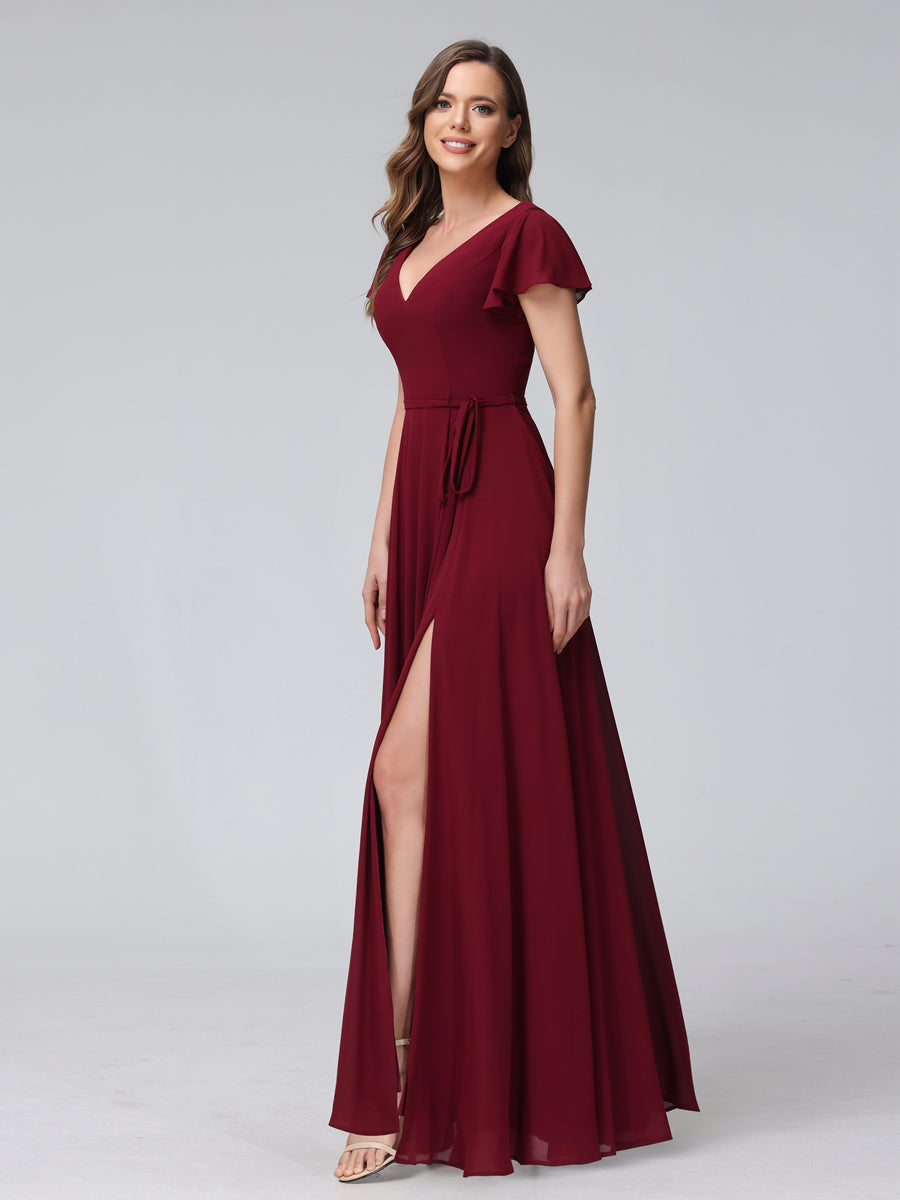 Vestidos Longos de Chiffon com Decote Em V e Mangas Curtas com Babados e Laterais Divididas e Bolsos