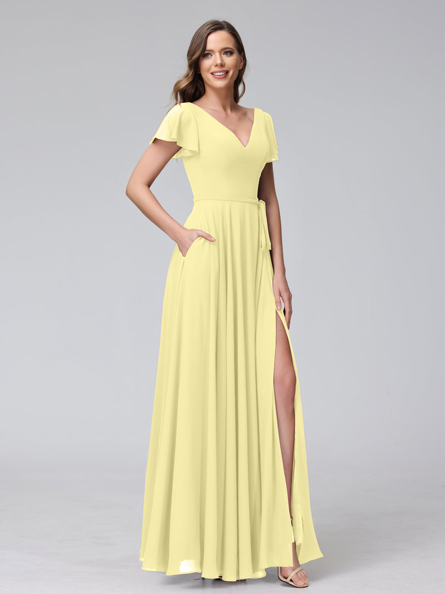 Vestidos Longos de Chiffon com Decote Em V e Mangas Curtas com Babados e Laterais Divididas e Bolsos