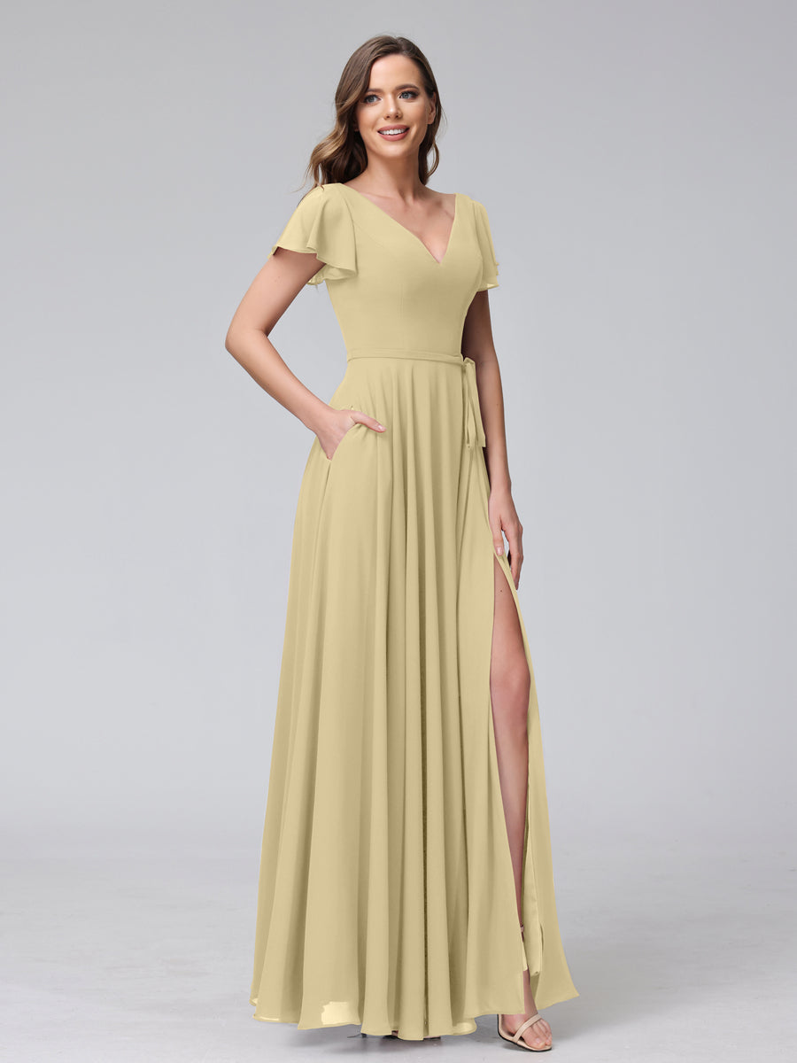Vestidos Longos de Chiffon com Decote Em V e Mangas Curtas com Babados e Laterais Divididas e Bolsos