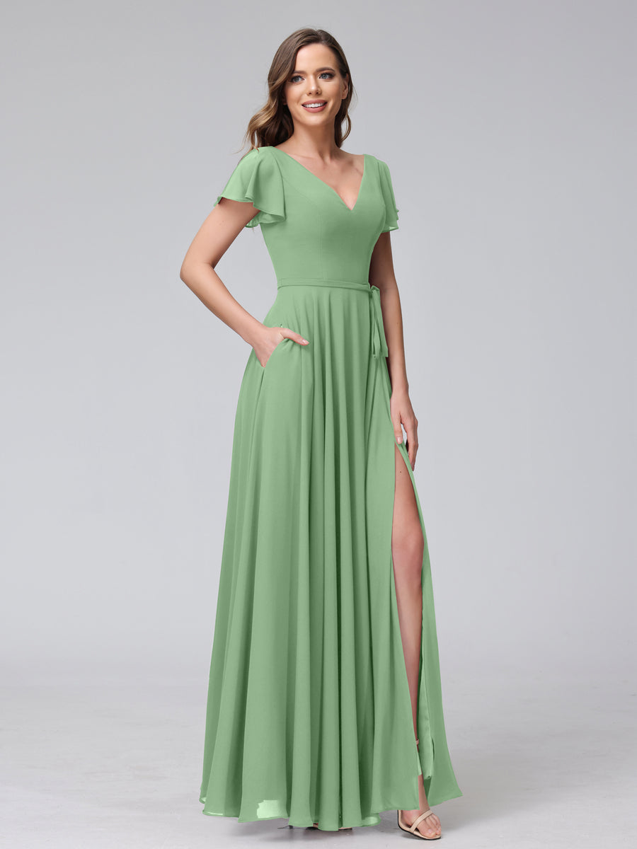 Vestidos Longos de Chiffon com Decote Em V e Mangas Curtas com Babados e Laterais Divididas e Bolsos