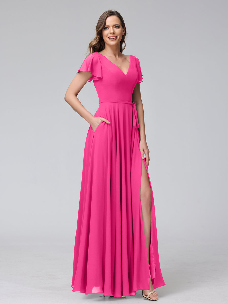 Vestidos Longos de Chiffon com Decote Em V e Mangas Curtas com Babados e Laterais Divididas e Bolsos