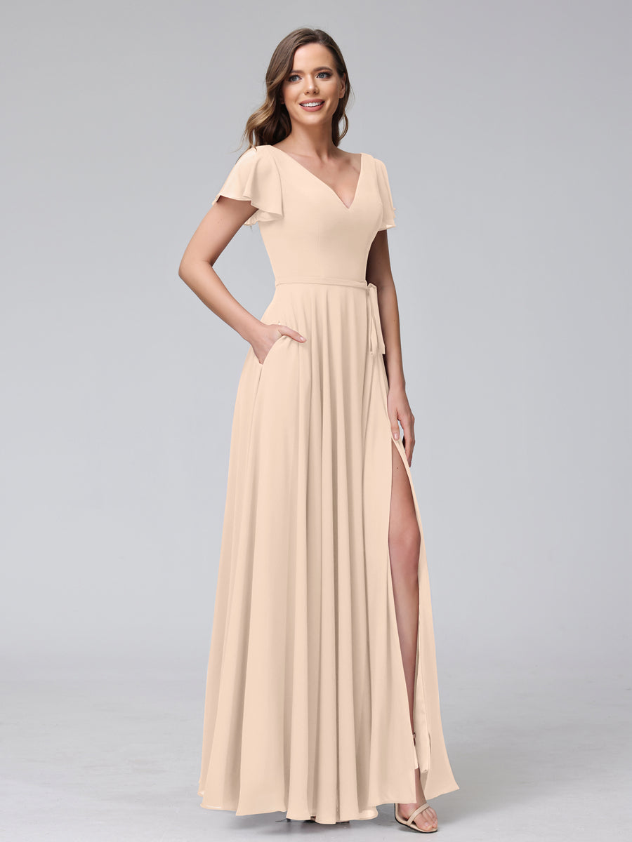 Vestidos Longos de Chiffon com Decote Em V e Mangas Curtas com Babados e Laterais Divididas e Bolsos