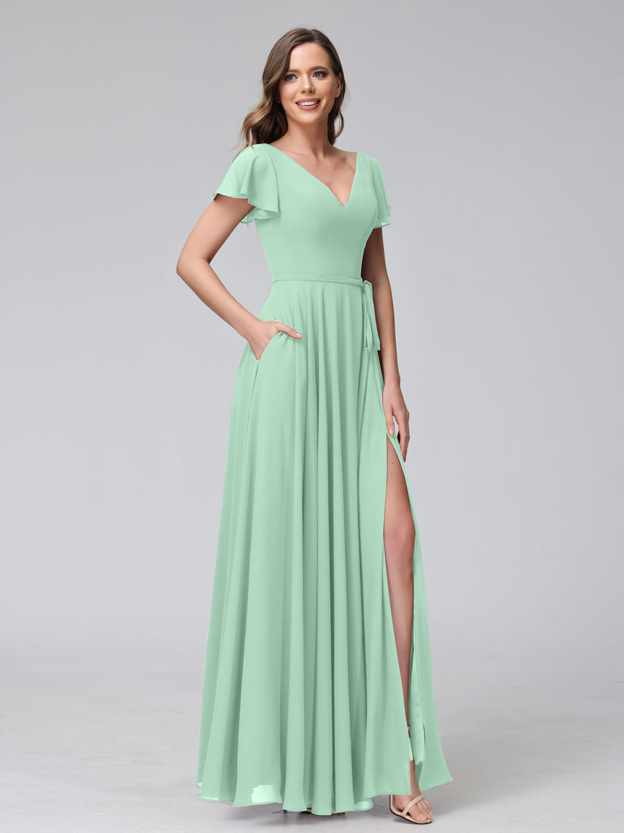 Vestidos Longos de Chiffon com Decote Em V e Mangas Curtas com Babados e Laterais Divididas e Bolsos