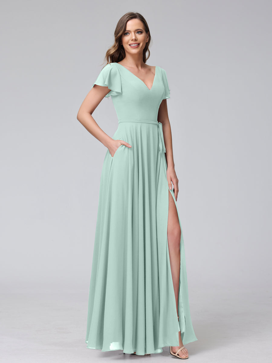 Vestidos Longos de Chiffon com Decote Em V e Mangas Curtas com Babados e Laterais Divididas e Bolsos